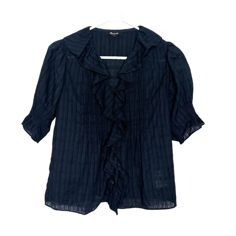 Madewell Ruffle Puff-Sleeve Peplum Top in Windowpane XXS Navy Preppy Romantic